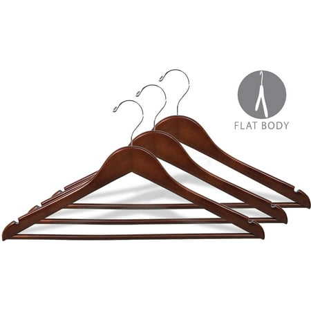 Wood Suit Hanger w/ Solid Wood Bar, Box of 50 Space Saving 17 Inch Flat Wooden Hangers w/ Walnut Finish & Chrome Swivel Hook & Notches for Shirt Dress or Pants by International
