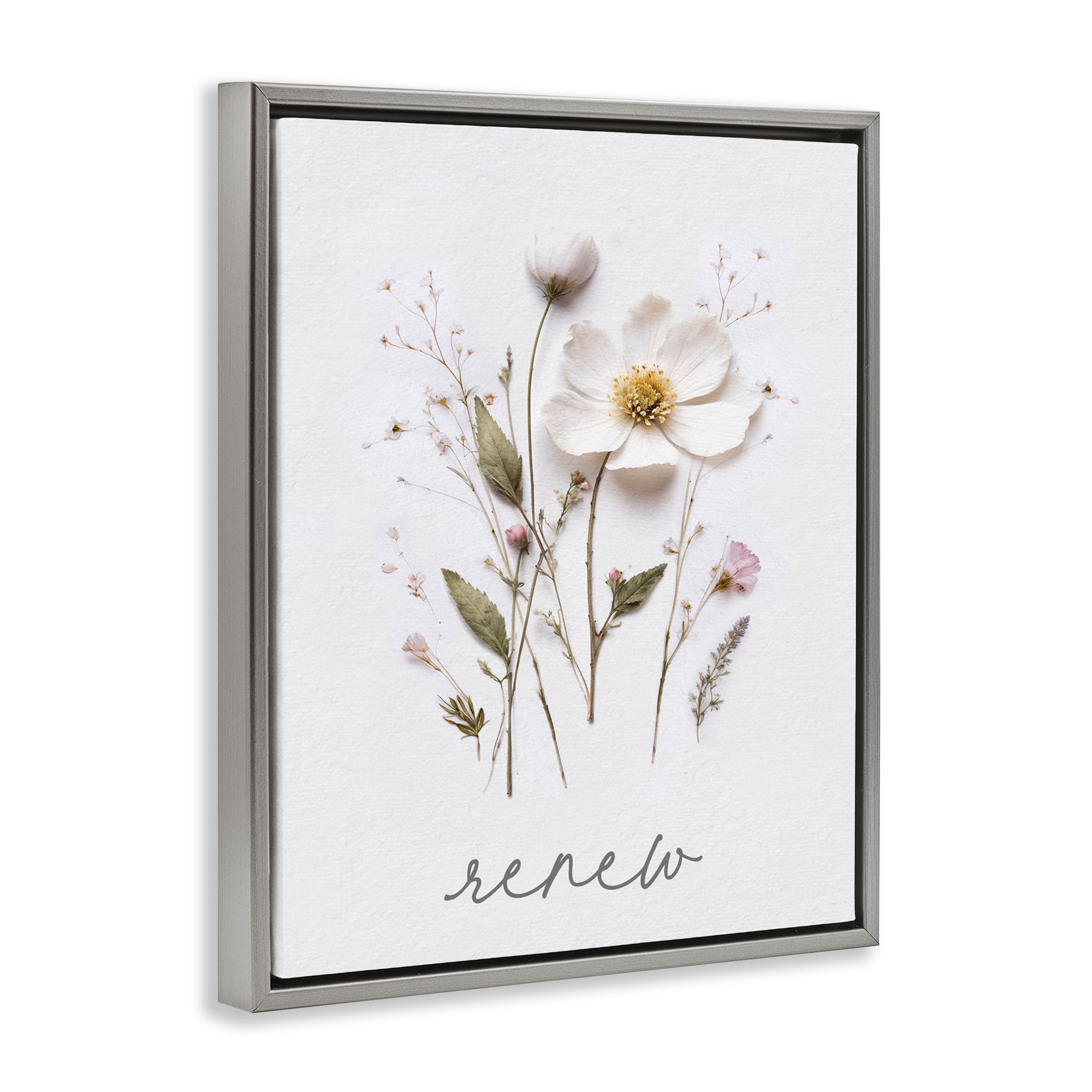 Pressed Flowers Renew Gray Framed Floater Canvas Wall Art, design by Lettered and Lined