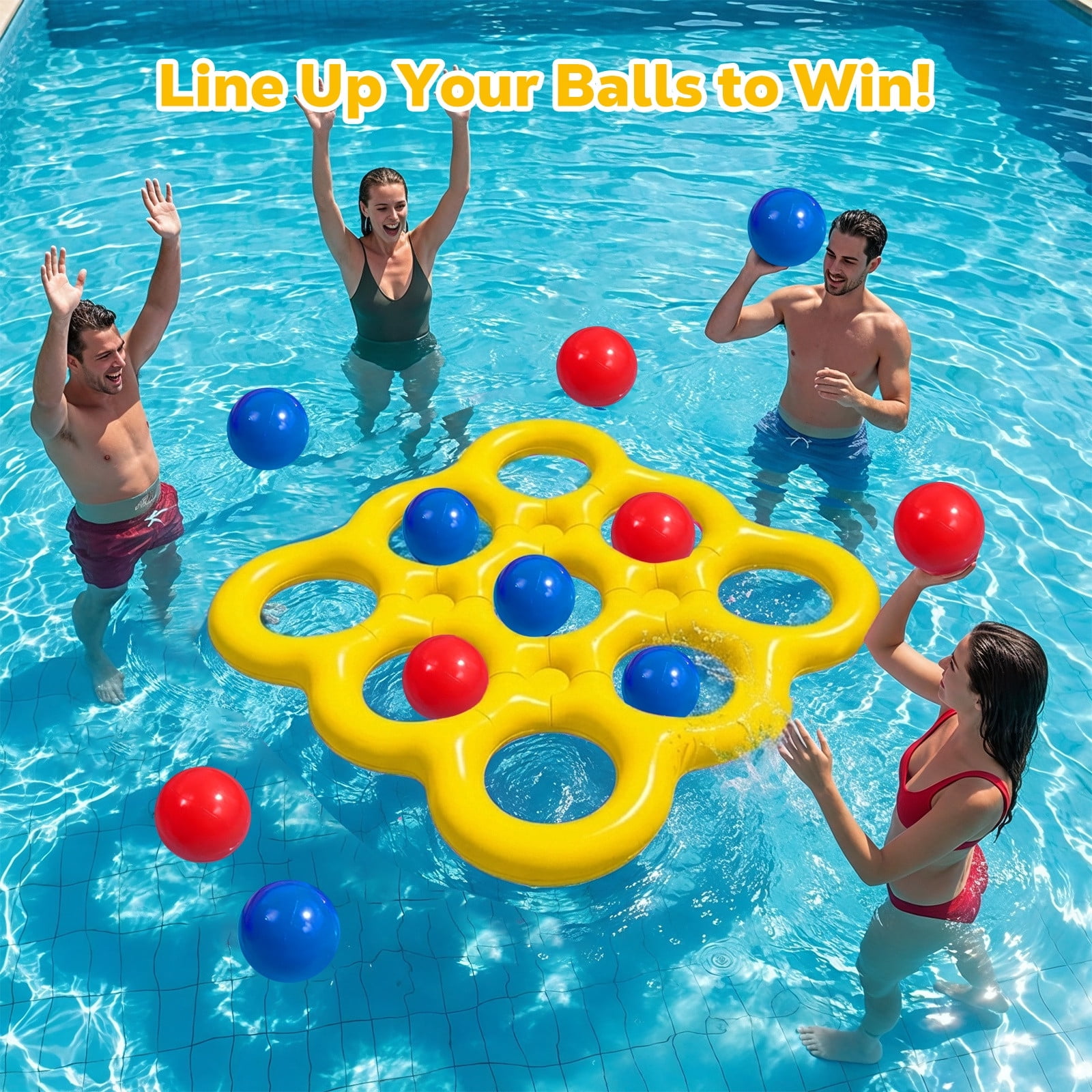 MoKo Pool Toys Games Set Tic-Tac-Toe Inflatable Pool Toy with 10 Balls - for Adults Teens Kids 2-10 Players, Yellow