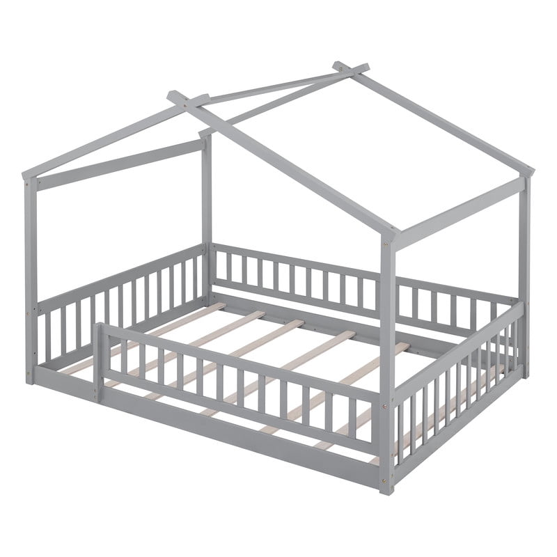 Full Size Wood House Bed with Fence and Roof Frame, Kids Floor Montessori Bed with Safety Guardrails, Sturdy Pinewood Playhouse Bed for Boys Girls