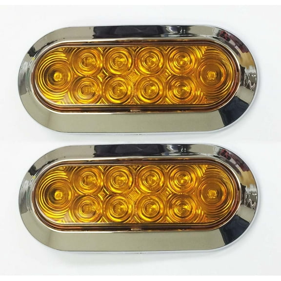 Set of 2 Surface Mount Amber 6" Oval 10 LED Trailer Truck Stop/Turn/Tail Light w/ Chrome Trim - 24028