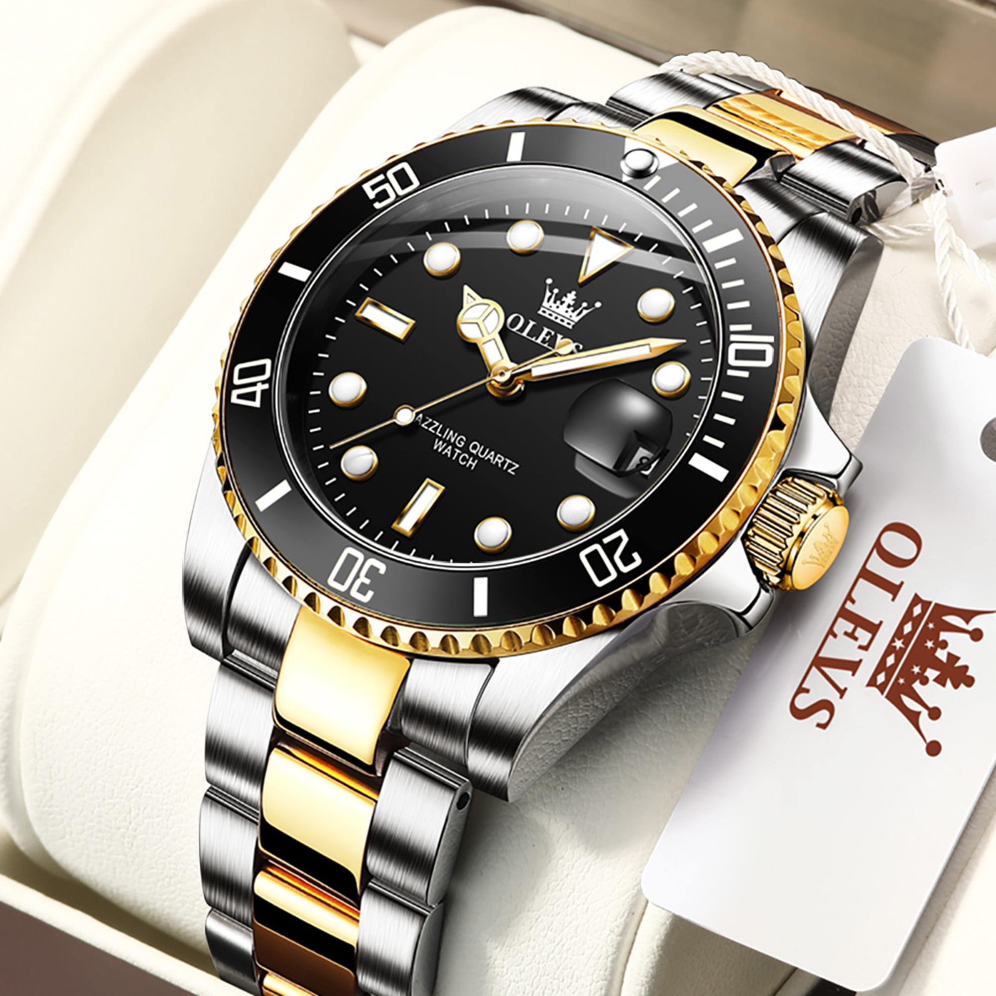 OLEVS Watches for Men Luxury Classic Dress Analog Quartz Fashion Two Tone Gold Plated Stainless Steel Date Waterproof Luminous Mens Wrist Watches Reloj Para Hombre Green/Black/Blue