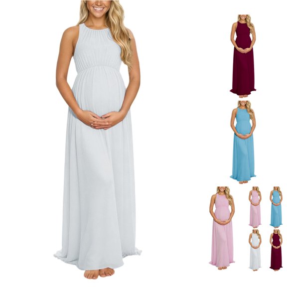 Gyujnb Halter Sleeveless Tank Neck Maternity Maxi Dress Elastic Gathered Empire Waist Lightweight Flowy Chiffon Loose A Line Floor Length Gown Elegant Bridesmaid Photoshoot,L