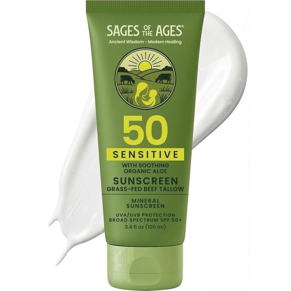 Sages Nutrition SPF 50 Mineral Sunscreen, No White Cast, Non-Nano Zinc Oxide, Reef Safe UVA/UVB, Water Resistant 80 Min, Tallow Lotion Face & Body 3.4 oz