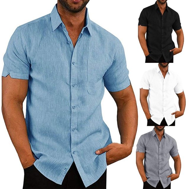 Chemises d'Été en Lin pour Hommes à Manches Courtes, Unies, Décontractées, Amples, Robe, Hauts Doux, T-Shirt