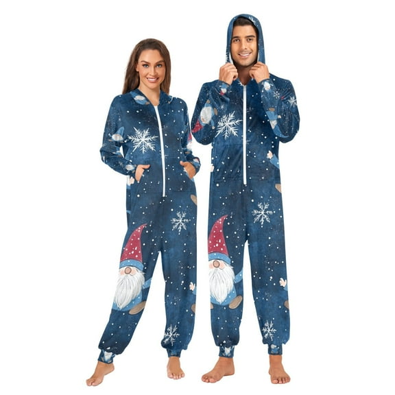 Gnomes Snowflakes Adult Onesie Pajamas Slim Fit Christmas One Piece Suit Pjs for Women and Men Hooded Zipper
