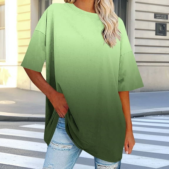 Aobny Womens Spring Tops 2025 Green Oversized Tunic T-Shirt Elbow-Length Crew Neck Cute Going Out Tops for Women