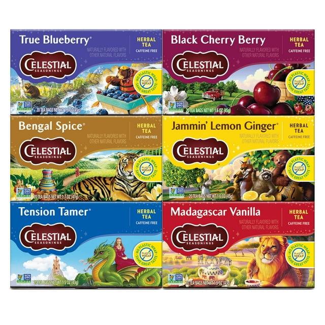 paquete variado de té de hierbas celestial seasonings sin cafeína, 6 unidades con seis cajas frontales en rejilla 3x2 que muestran sabores True Blueberry, Black Cherry Berry, Bengal Spice, Jammin' Lemon Ginger, Tension Tamer y Madagascar Vanilla; cada caja incluye el logo Celestial Seasonings, ilustraciones de frutas y hierbas, sello que indica ausencia de bolsitas con cadena y texto de 20 bolsitas por caja. Ideal para probar varios sabores o para regalar en una selección de tés sin cafeína.
