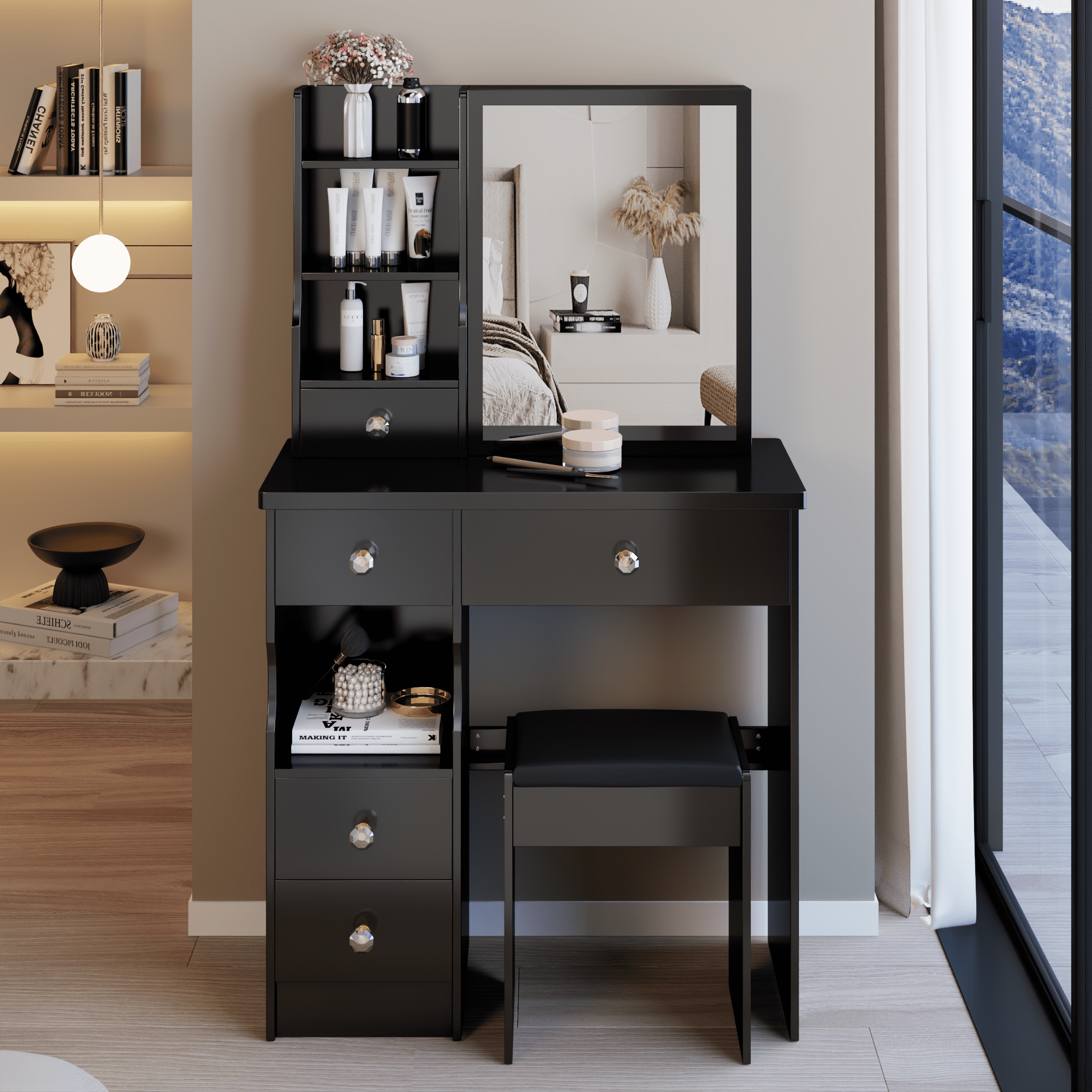 Kadyn Vanity Desk with 5 Drawers, Makeup Vanity Table with Extra Large Right Sliding Mirror, Dressing Table Makeup Desk for Small Space, Black