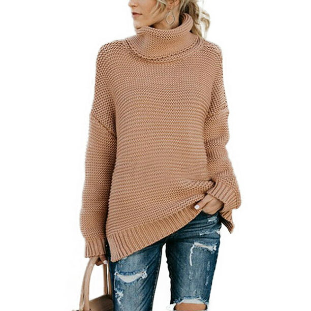 Lallc - Women's Polo Neck Chunky Knitted Long Sleeve Pullover Baggy ...
