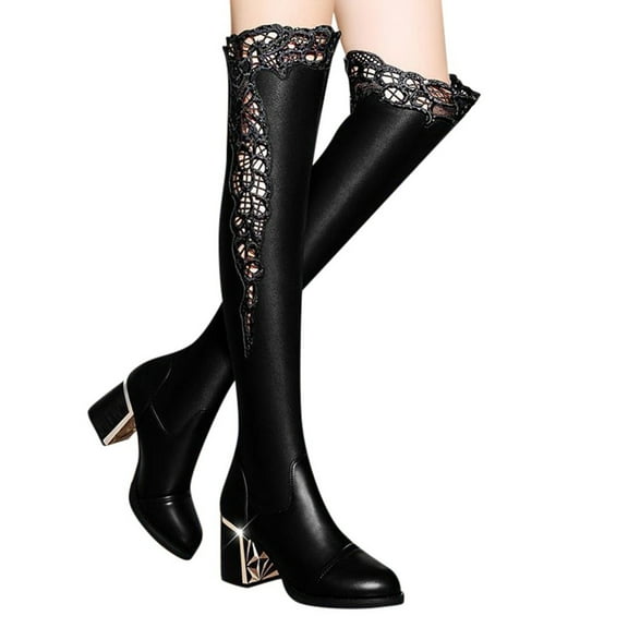Mepaouo Women Over The Knee Boots Leather Lace Heel Fashion Winter Dress Long Boots(Black,6.5)