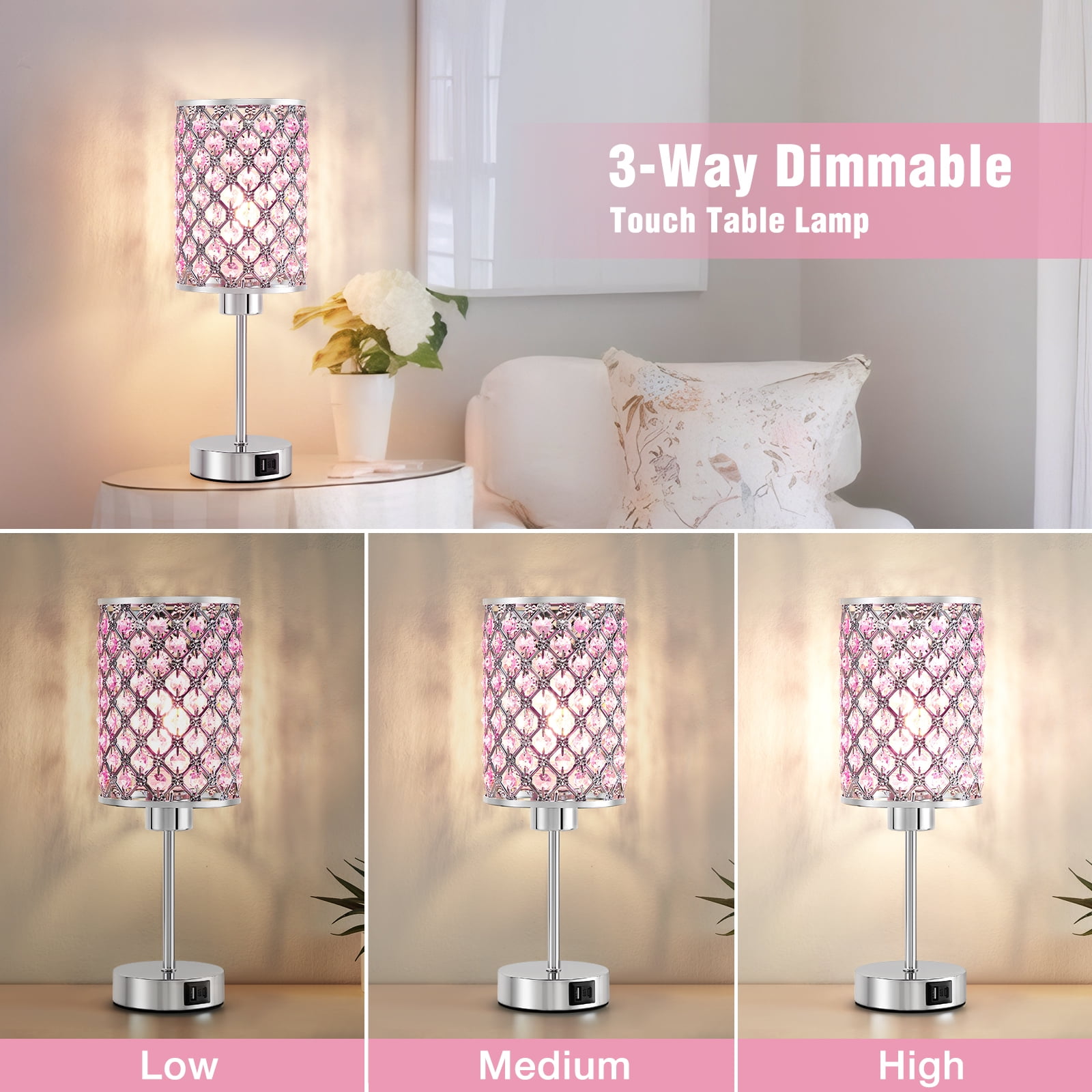 NATYSWAN Touch Crystal Table Lamp, 3-Way Dimmable Nightstand Lamp with USB Ports,Modern Bedside Lamp for Bedroom, Living Room,Pink