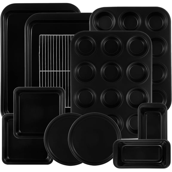 11-Piece Nonstick Baking Pans Set - Professional Grade Carbon Steel Bakeware with Premium Coating- Dishwasher Safe, Stackable, Oven Safe to 450°F (Black)