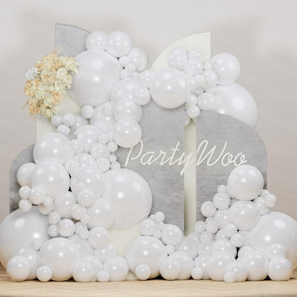 Balloon PartyWoo, látex blanco perla, 140 unidades, paquete con kit de arco