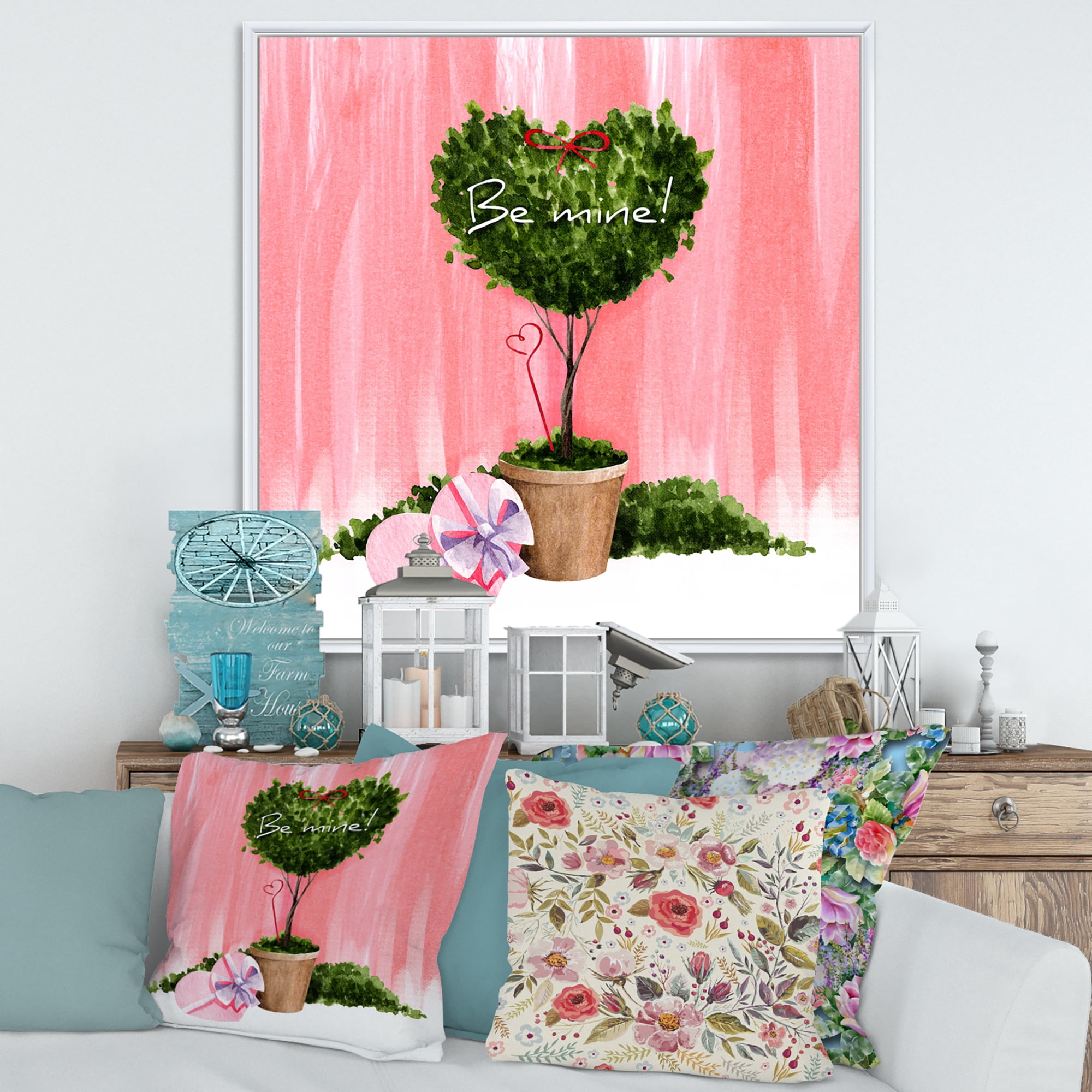 Designart 'Be Mine Heart Shaped Valentine House Plant' Farmhouse Framed Canvas Wall Art Print