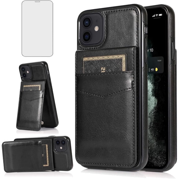 Asuwish Screen Protector Included PU Leather Soft Shell Wallet Cell Phone Case with Screen Protector for iPhone 11, Black