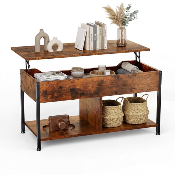 EDX Lift-Top Coffee Table, Adjustable Height Convertible Center Table with Storage, for Living Room, Rustic Brown