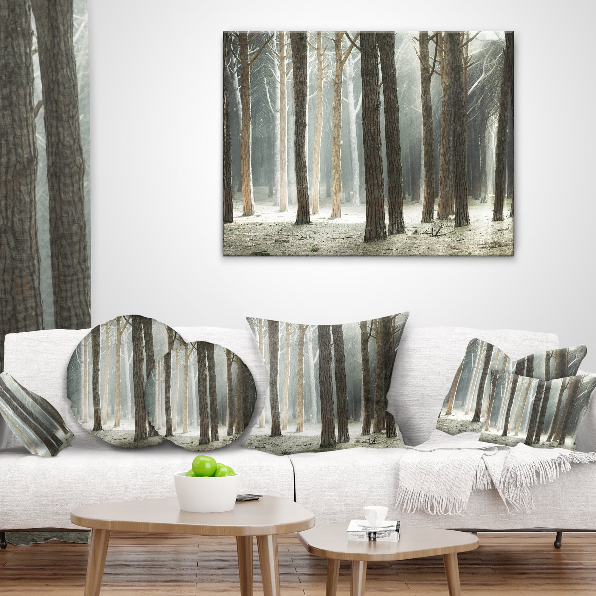 Designart Maritime Pine Tree Forest with Rays - Forest Throw Pillow - 16x16