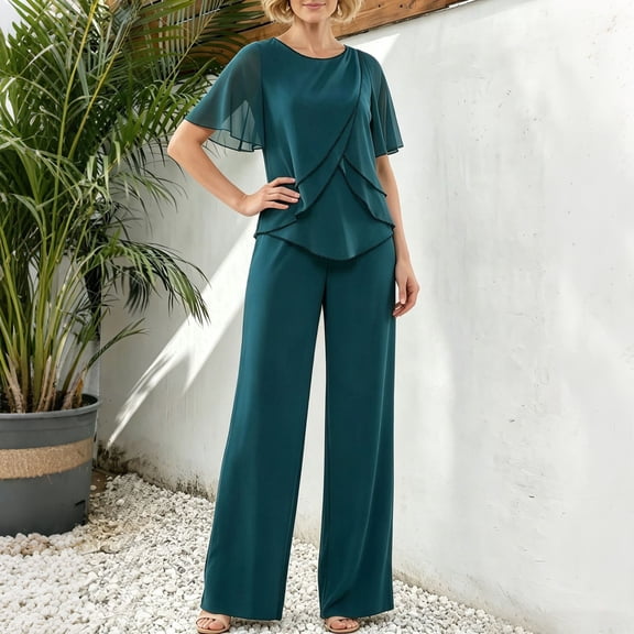 Karymi Vacation Outfits for Women Chiffon Spliced 2 Piece Dressy Outfit Set, Crew Neck Flutter Short Sleeve Cross Ruffle Layered Top, High Waist Straight Wide Leg Pants Rompers for Women