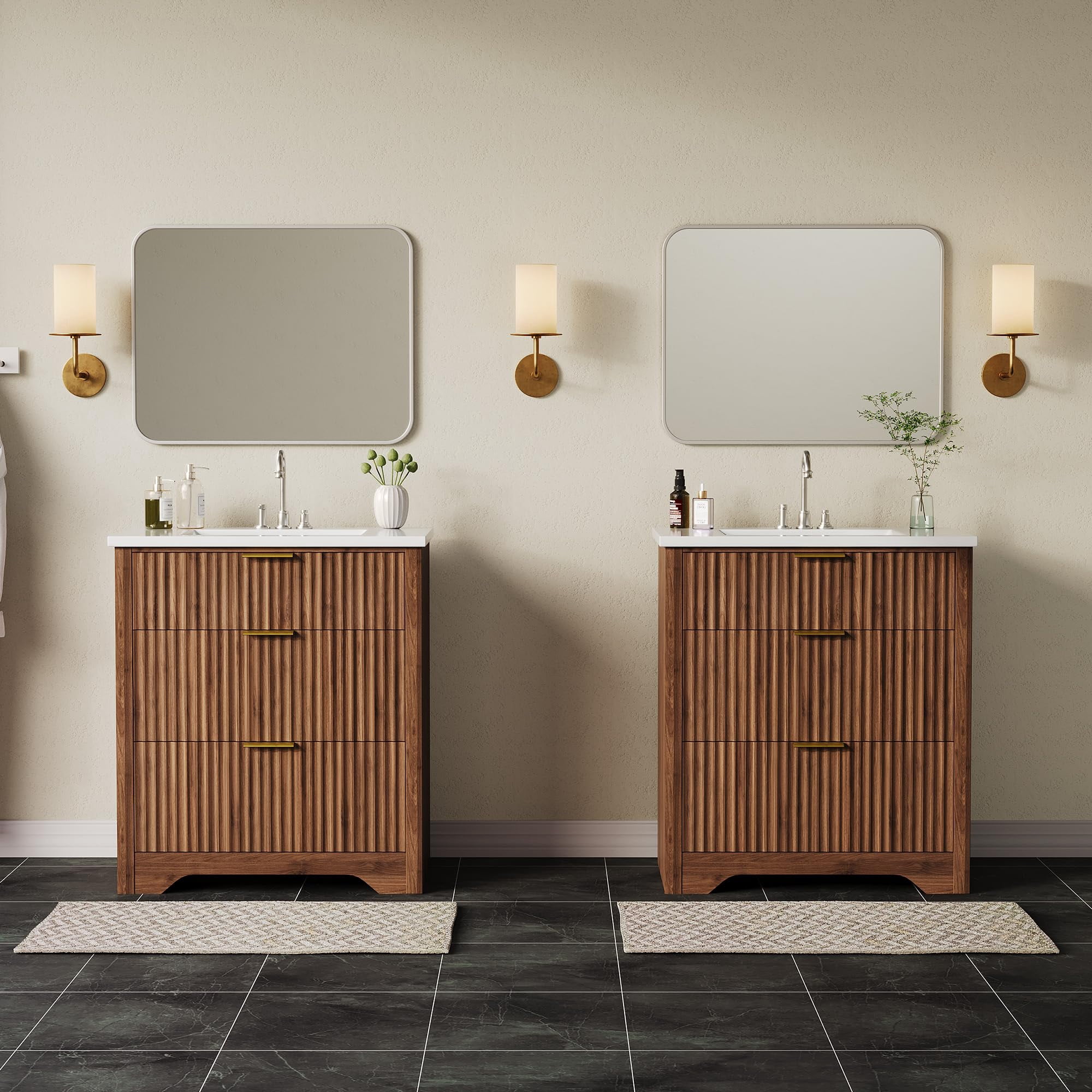 24" Fluted Bathroom Vanity with Sink, Farmhouse Freestanding Bathroom Sink Cabinet with 2 Drawers & 1 Flip-Down Drawer, Easy Assembly & Cleaning, Walnut