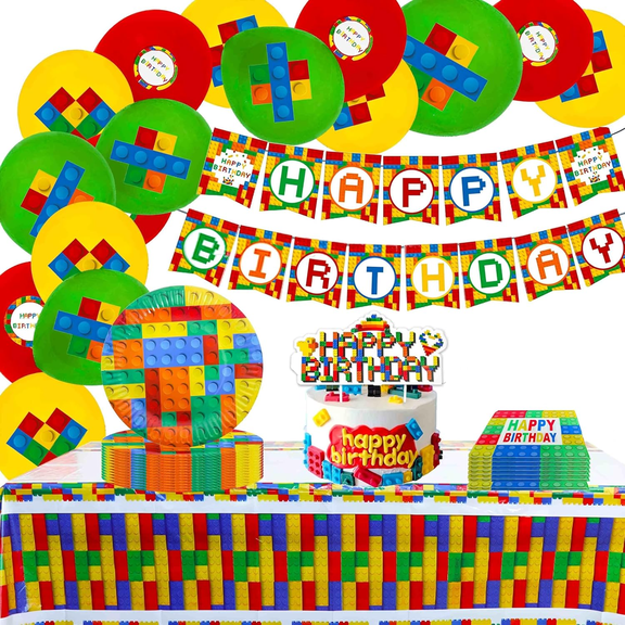 Colorful Building Blocks Themed Birthday Party Decoration Set Including Birthday Banner Themed Tablecloth Party Plates Decorative Balloons And Birthday Cake Toppers