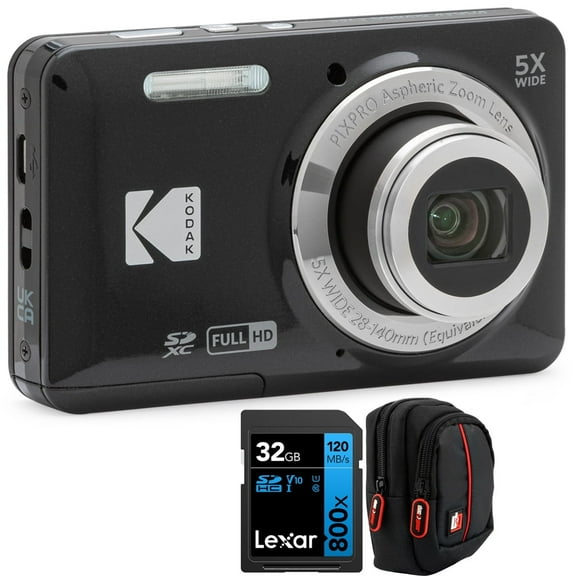 Kodak PIXPRO FZ55 Digital Camera, Black Bundle with Lexar 32GB High-Performance 800x UHS-I SDHC Memory Card   Deco Photo Point and Shoot Field Bag Camera Case