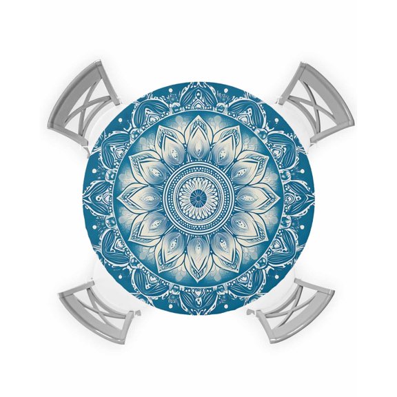nqOlkjepod Navy Blue Boho Round Tablecloth, Fitted Table Cover with Elastic for 36"-44" Round Tables, Southwestern Floral Ethnic Tribal Abstract Table Cloth Dinning Party Waterproof Tablecloths