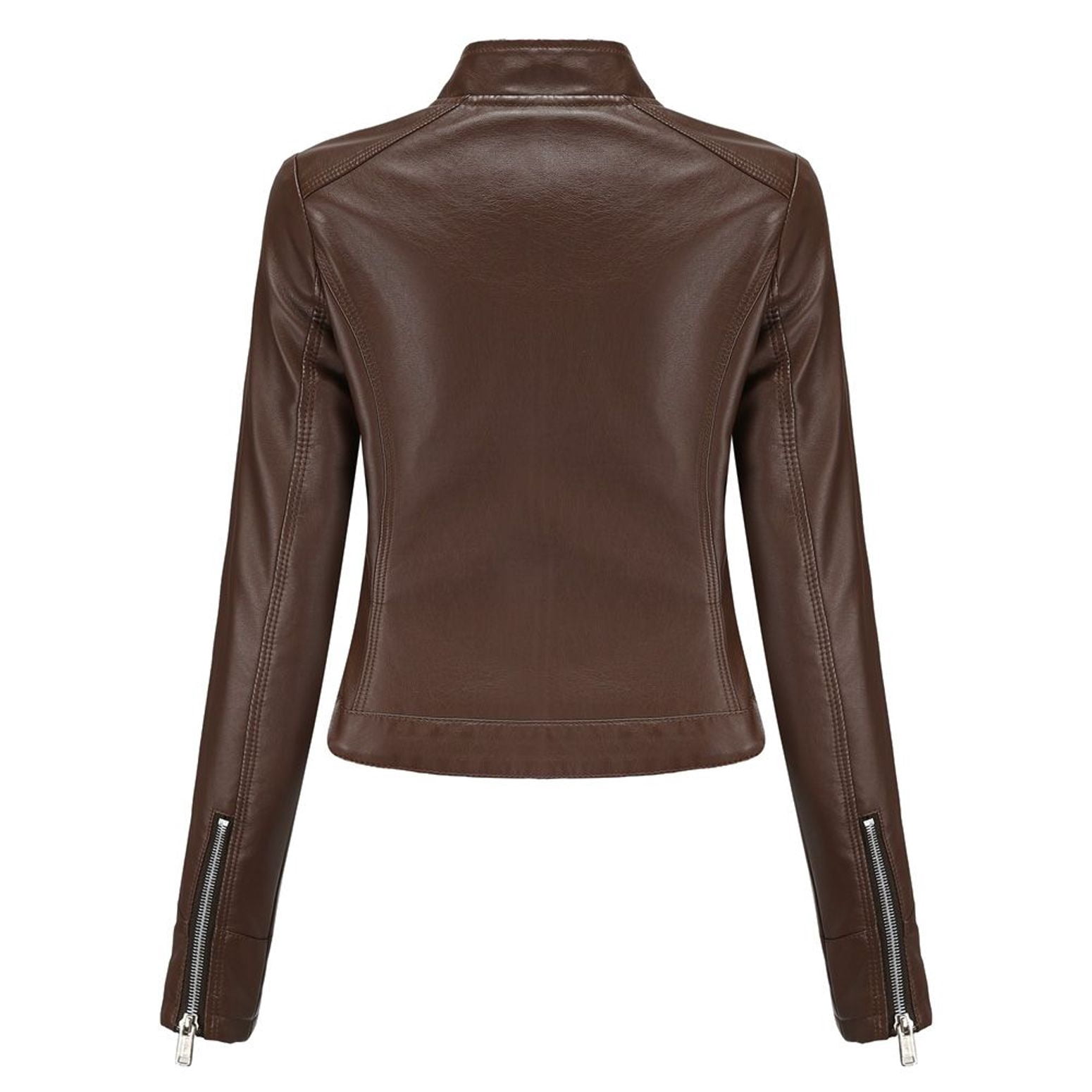 Defitshape Women's Faux Leather Jacket Winter Fashion Crop Moto Jackets & Coats Long Sleeve Fall Top Mock Neck Zipper Pocket Full Zip Short Jacket Coffee X-Large