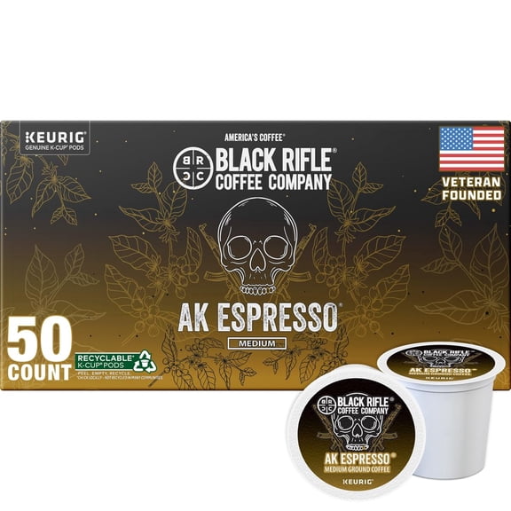 Black Rifle Coffee Company AK Espresso, 50 Count, Medium Roast K Cups - Single Serve K Cups Coffee Pods - Kcup Pods Compatible with Keurig 1.0 & 2.0 - Made from Arabica Beans