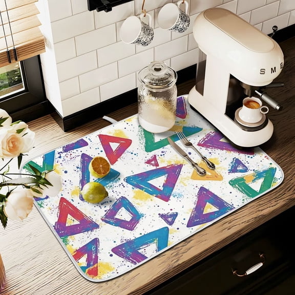 Yayeee Dish Drying Mat for Kitchen Counter 16" x 18" Microfiber Super Absorbent Coffee Decorative Pad, Green Simple Triangles