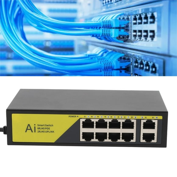 POE Switch, 8 POE Ports, 2 Uplink, 100Mbps High Speed, Metal Power Supply Ethernet Switch Extend 250M, for Security Cameras, IP Phones, APs, Routers