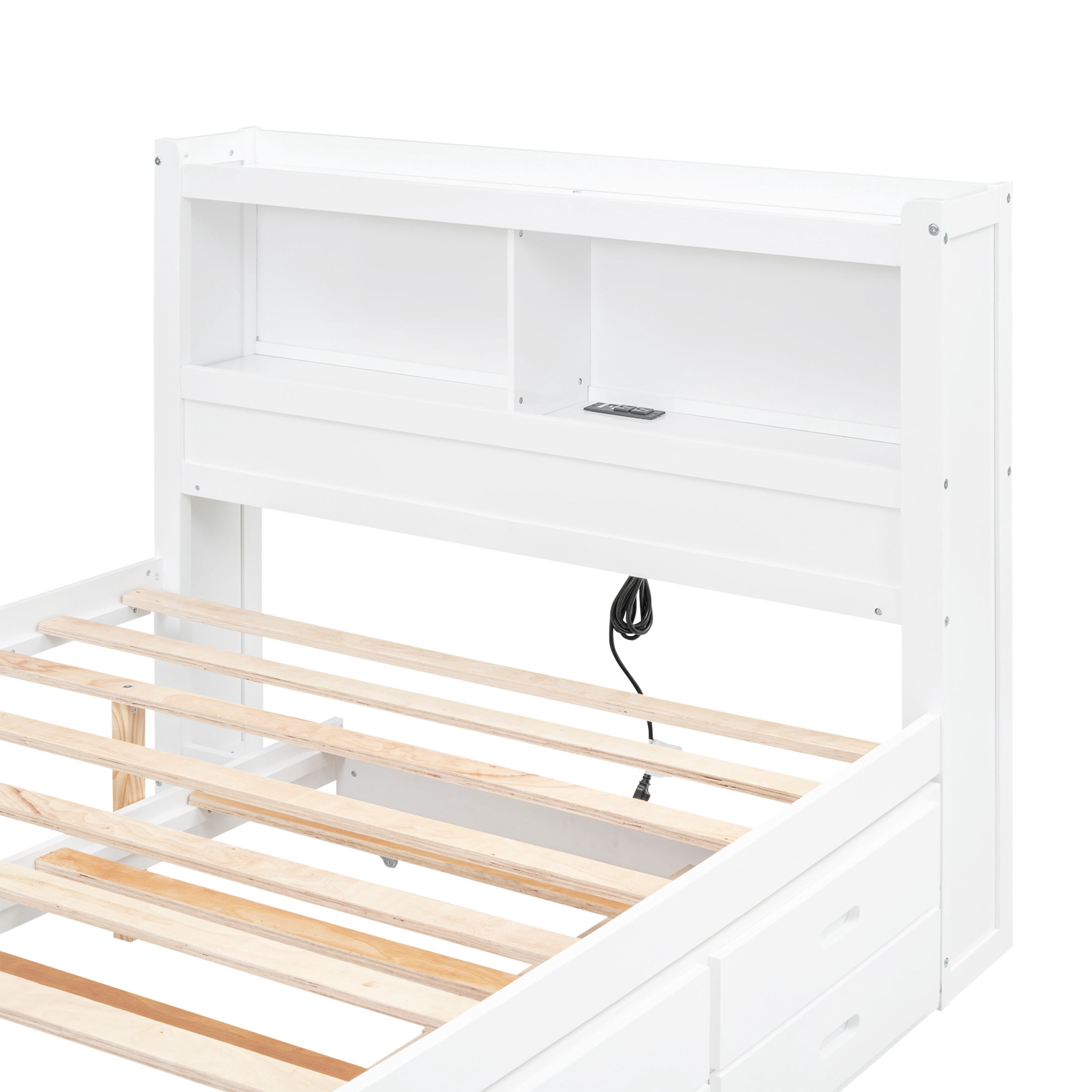Noble House Lornic Full Size Platform Bed with Trundle and Drawers, Charging Station and Storage Shelves, White