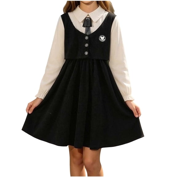 Zpanxa Girls Long Sleeve Dress Girls' Long Sleeve Black White Contrast Dress Bow Collar Summer School Uniform Daily Outfit