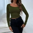 thumbnail image 2 of XFLWAM Women Drawstring Side Ruched Crop Top Tee Shirt Ribbed Knit Crew Neck Basic Long Sleeve T Shirt Blouse Green XL, 2 of 5