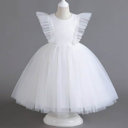 

WHLBF Toddler Girls Net Yarn Embroidery Rhinestone Bowknot Birthday Party Gown Long Dresses White 4-5 Years