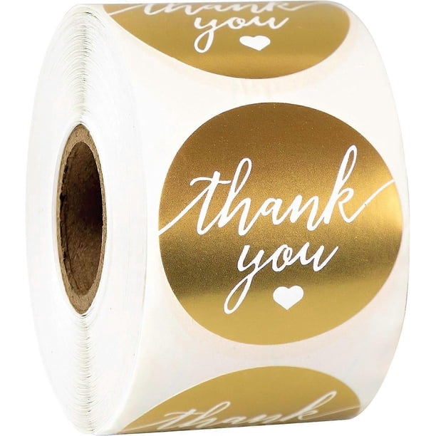 Thank You Label Sticker 1.5" Round with Gold and White Heart 500 Labels Per Roll, Thank You Sticker Gold for Birthdays, Weddings