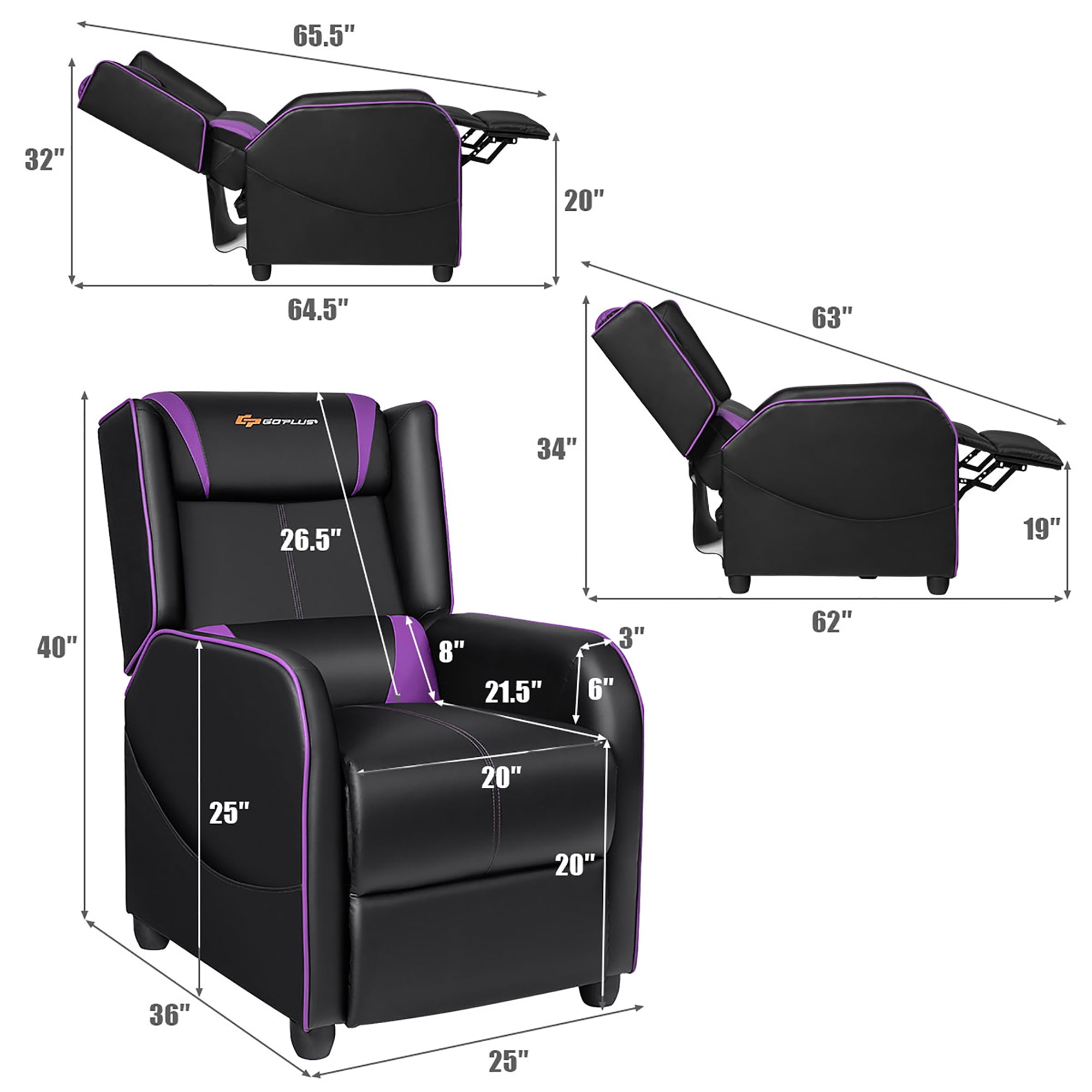 Goplus Massage Gaming Recliner Chair Single Living Room Sofa Home Theater Seat Purple