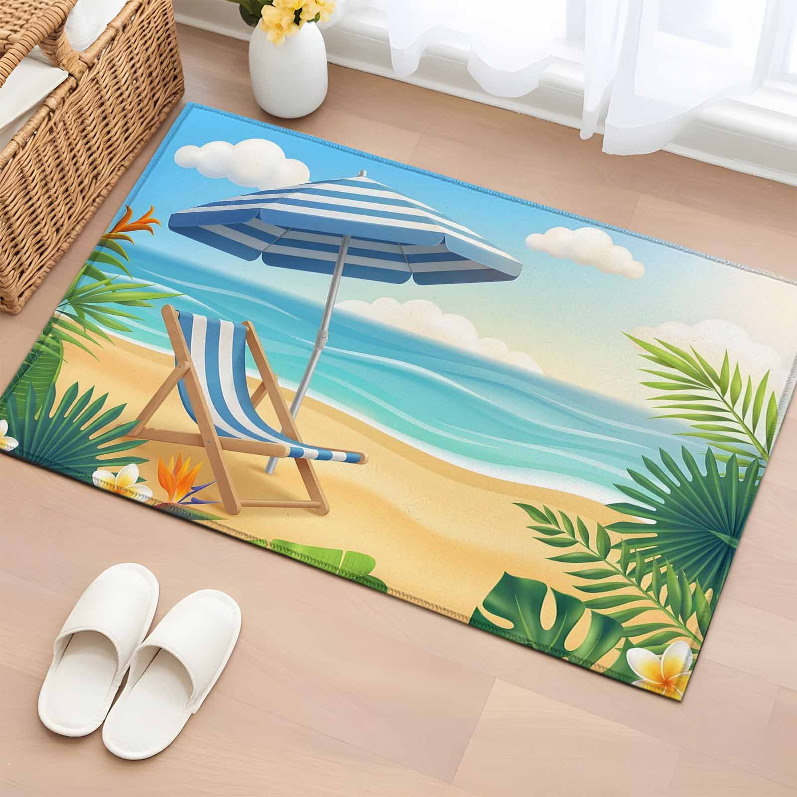 Rectangle Area Rug 2x3ft Summer Ocean Beach Lounger Non-Slip Non-Shedding Floor Mat Tropical Plants Blue Sky Washable Sturdy Carpet for Living Room Bedroom Home Decor