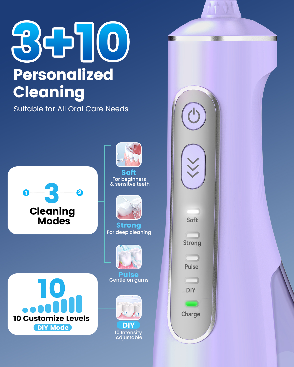 JTF Irrigador Dental Inalámbrico para Dientes: 3 Modos y 10 Niveles de Presión DIY, Irrigador Oral Portátil para Brackets y Encías Sensibles con 9 Puntas y Tanque de 300ml, Limpiador Dental Eléctrico Recargable para Hogar y Viajes 4