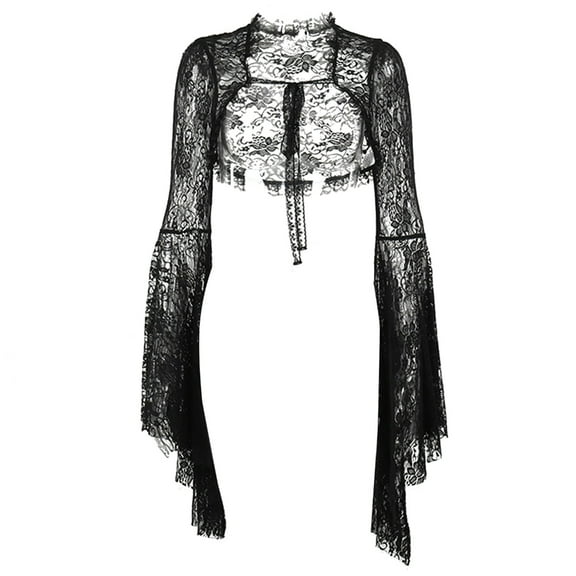 Women Fairycore Flared Sleeve Black See Through Flower Lace Ruffled Shrug Aesthetic Lace Up Cropped Cardigans Cover Up