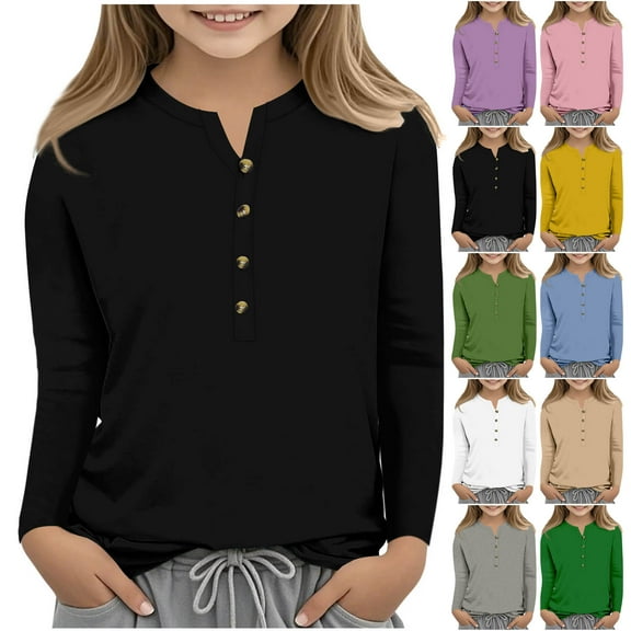 JTSRKL Half Button up Shirts for Kids Girls Casual Solid Color Long Sleeve Crewneck Basic Workout T-Shirts Loose Comfy Tunic Blouse Trendy Children's Soft Cotton Outfit Clothes Yellow 4-5 Years
