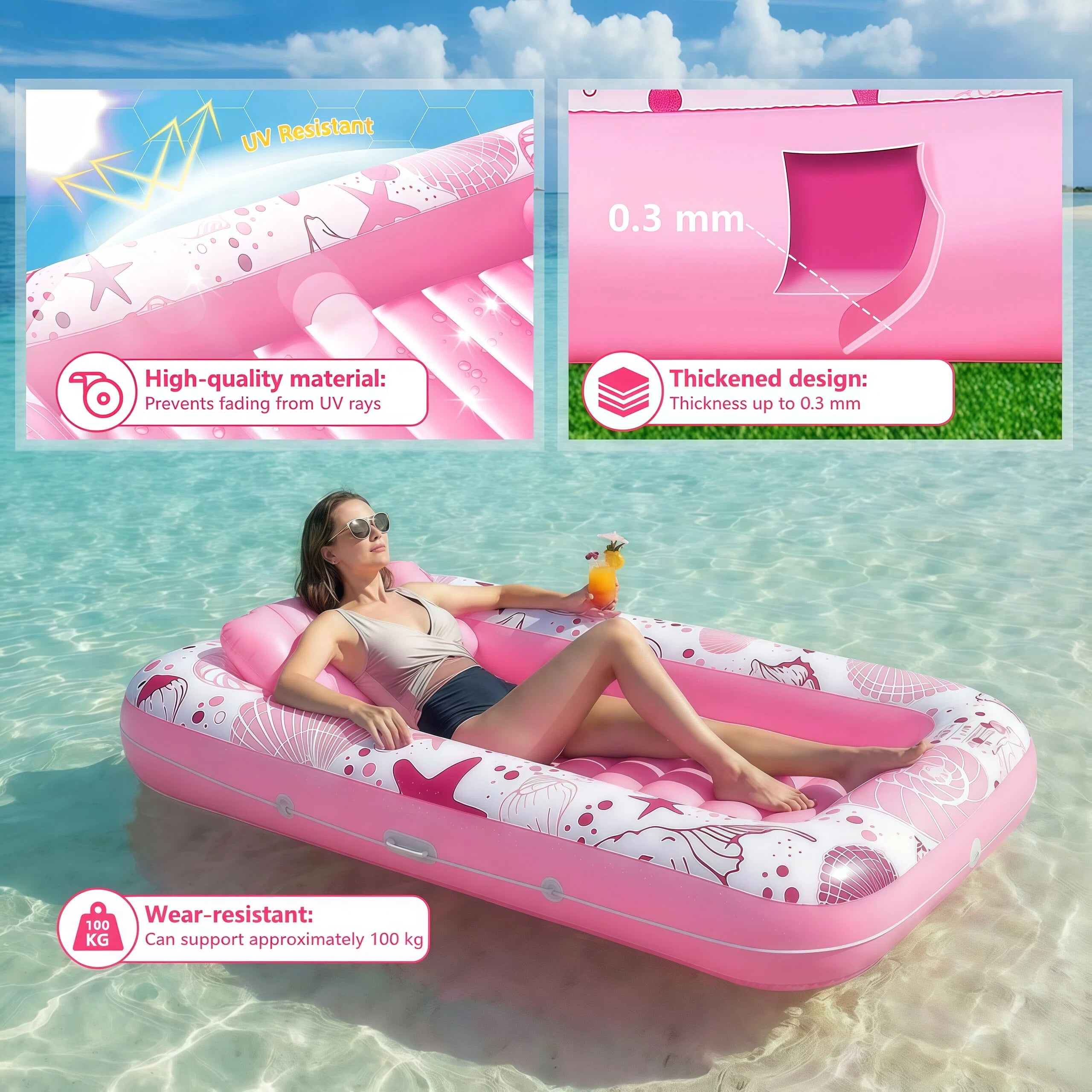 Teblint Inflatable Tanning Pool Rafts for Adults, 70" x 46" Pool Floats with Pillow, 4-in-1 Suntan Tub Raft Floatie, Sunbathing Bed Lounge for Water Backyard, Blow up Kids' Ball Pit, Pink