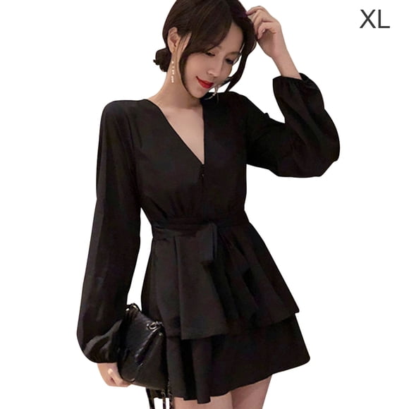 Vestido de mujer con cuello en V y cintura alta Vestido de niña Tipo suelto Top con pajarita, XL, Negro Methold AP001519-07B
