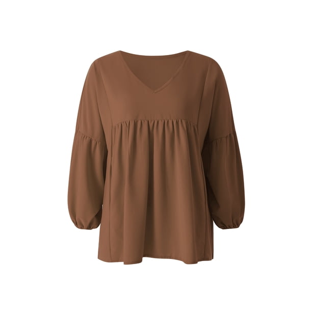 Sunloudy - Camiseta de verano con cuello en V para mujer, casual, manga larga, color sólido, túnica holgada Sunloudy moda