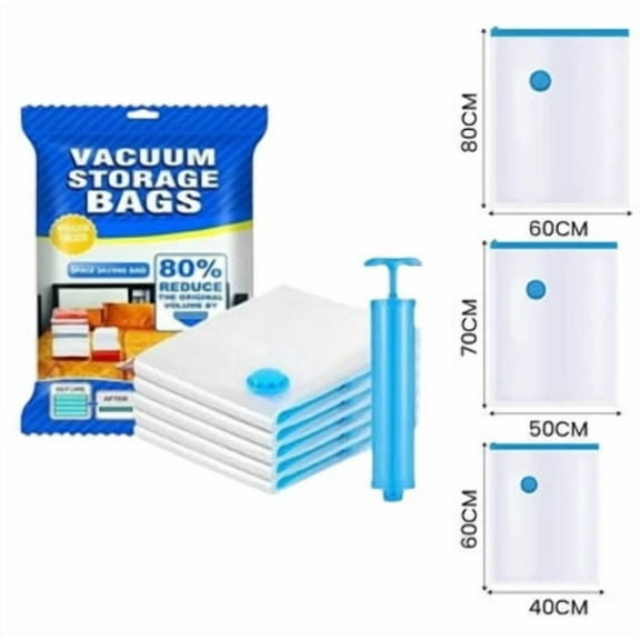 Space Saver (Set of 5) Reusable Vacuum Storage Ziplock Compression Sealer Bags for Travel clothes and home Blankets with hand Pump 2 Small (50x70cm),2 Medium (80x60cm),1 Large(80x 100cm)