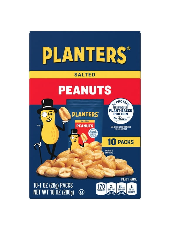 PLANTERS Salted Peanuts, Party Snacks, Plant Based Protein, 10 Ct Box, 1 oz Packs