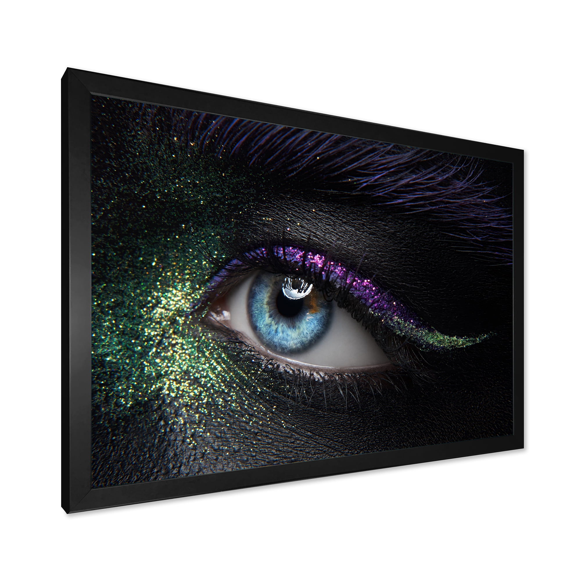 Designart 'Woman Eyes With Green & Purple Pigment & Sparkles' Modern Framed Art Print