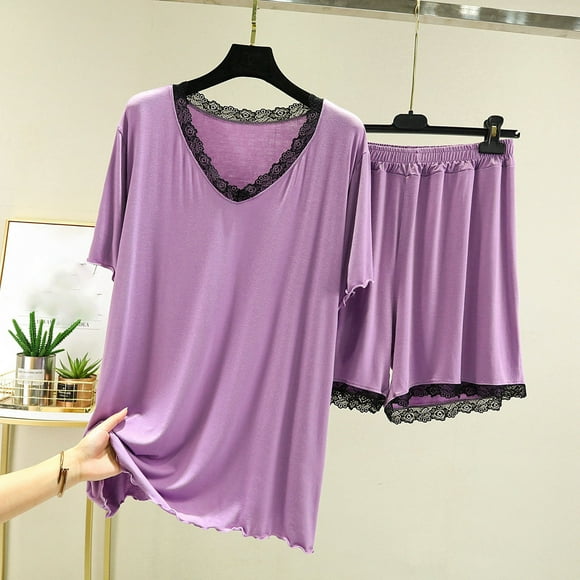 Pisexur Pajamas for Women Set,Womens Pajamas,Comfortable & Breathable V-Neck Loose Solid Color T-shirt Lace Loose Shorts Home Wear Two-Piece Pajama Sets Purple,L
