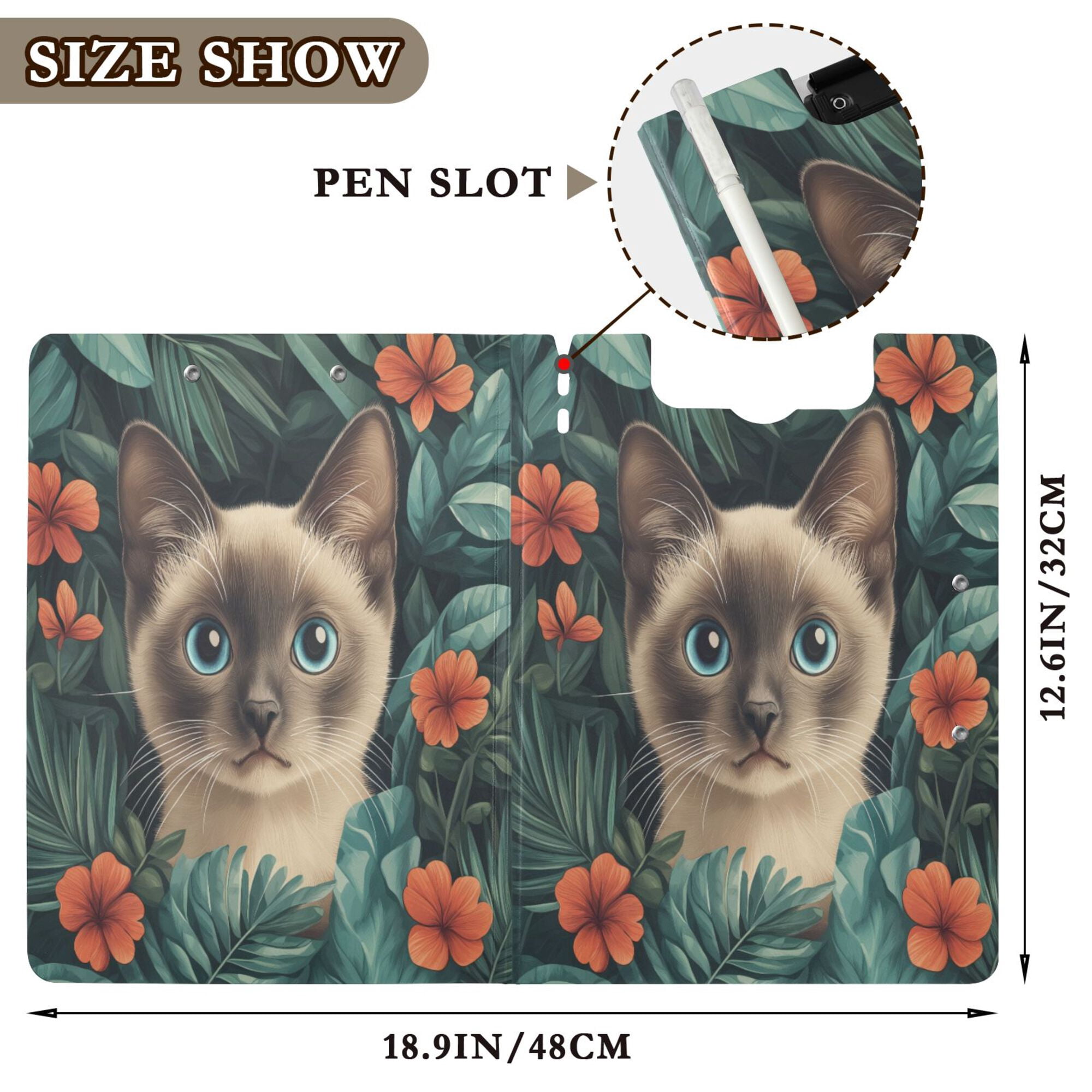 FORMRS A4 Clipboard Folder with Pen Holder Horizontal Foldable School Office Binder, Flowers and Cat