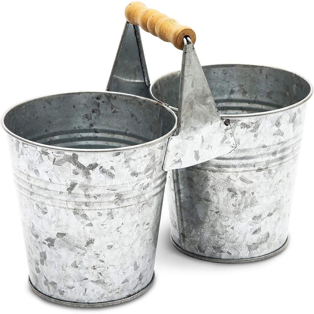Rustic Galvanized Double Metal Steel Tin Buckets Pails with Wooden